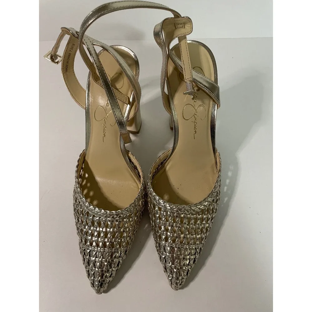 Jessica Simpson Nariro Block Heel Women 7.5 Champagne Gold Excellent Woven
